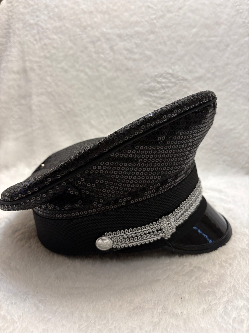 Black Sequin Police Style Cap with Silver Trim Detail - Picture 6 of 10